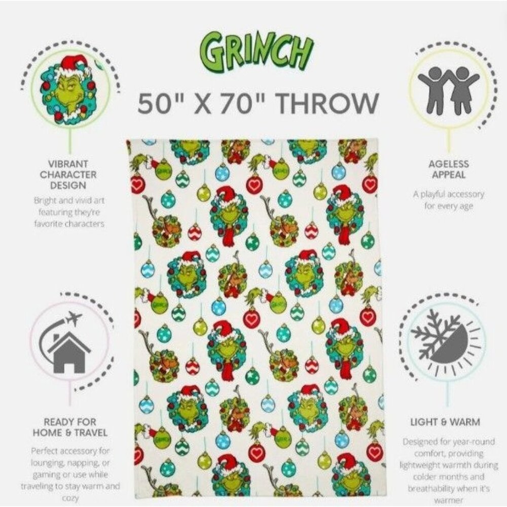 NWT The Grinch Oversized Silky Soft Plush Throw 50x70 Christmas Holiday Blanket - Picture 4 of 6